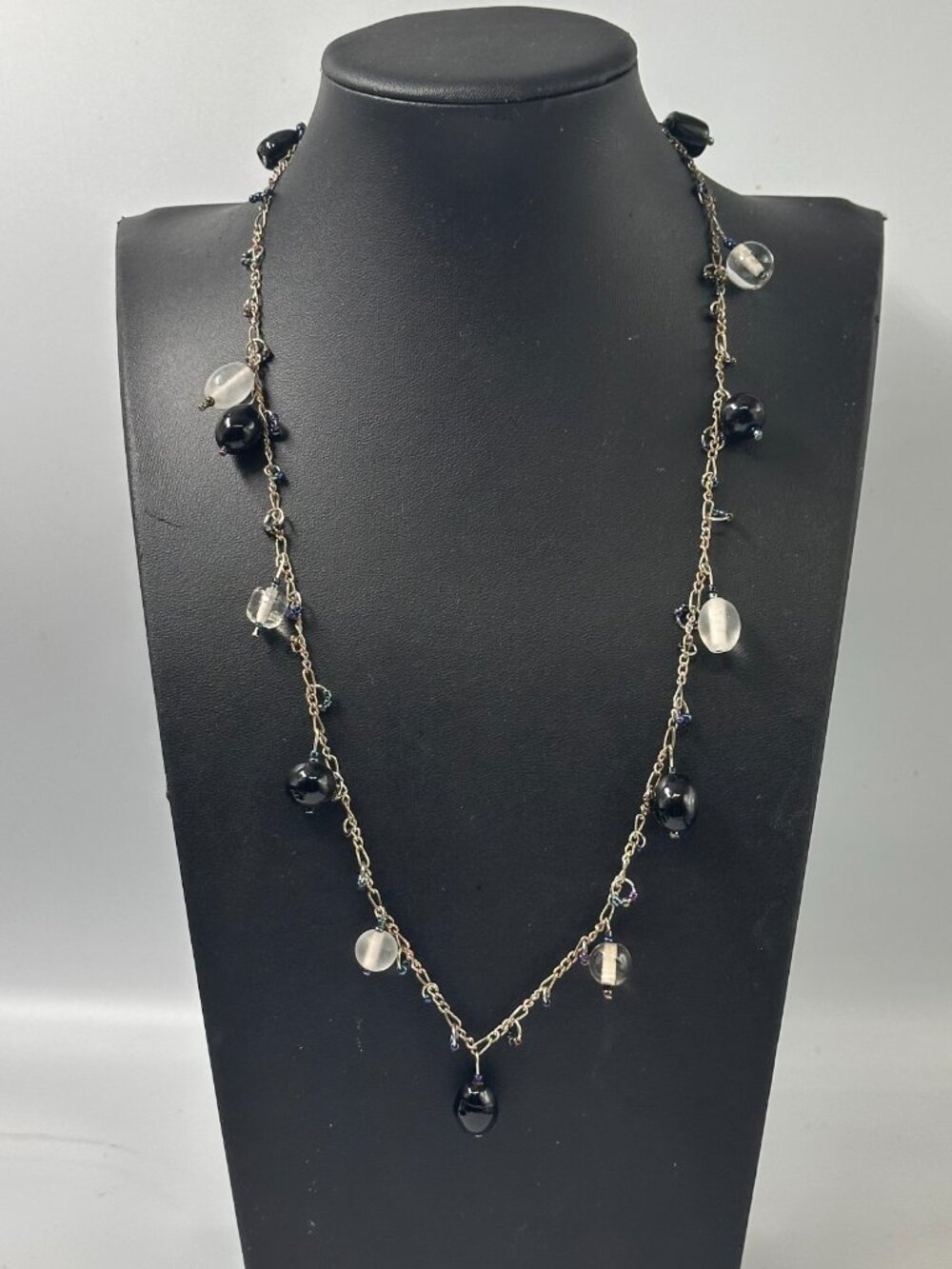 3/$30 Glass Beaded Necklace Silver Tone Cable Chain Link Clear Black Beads